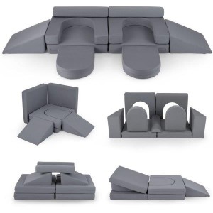 10 dalių modulinė žaidimų sofa vaikams su nuimamu ir skalbiamu zomšos užvalkalu (Pilka)